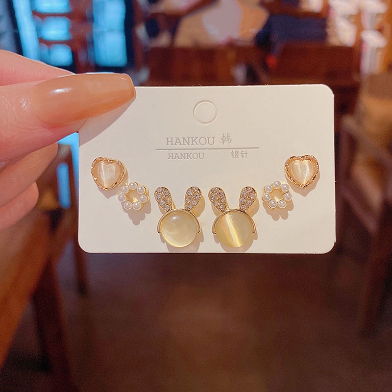 Anting Tusuk Bentuk Kelinci Lucu Bahan silver 925 Dengan Opal + Mutiara