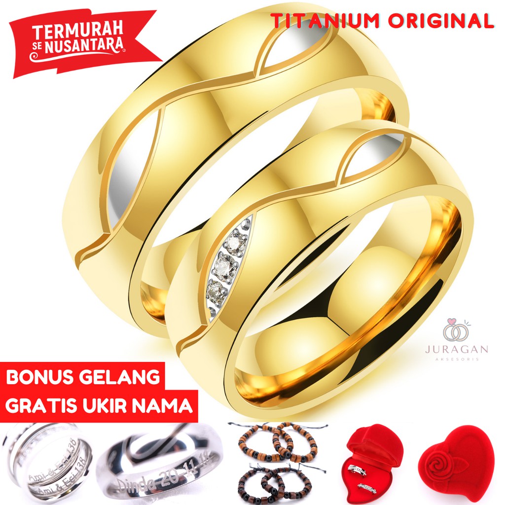 [HIGH QUALITY] Cincin Couple BUCIN R75 Titanium Ukir Nama + Box Cincin Beludru + BONUS Gelang Couple