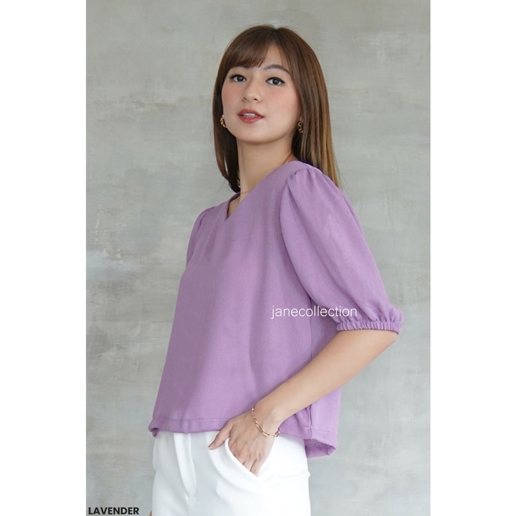 JANE COLLECTION || Atasan Blouse Wanita V Neck Lengan Balon SoftCrinkle Haruka Top Hitam Putih Lilac