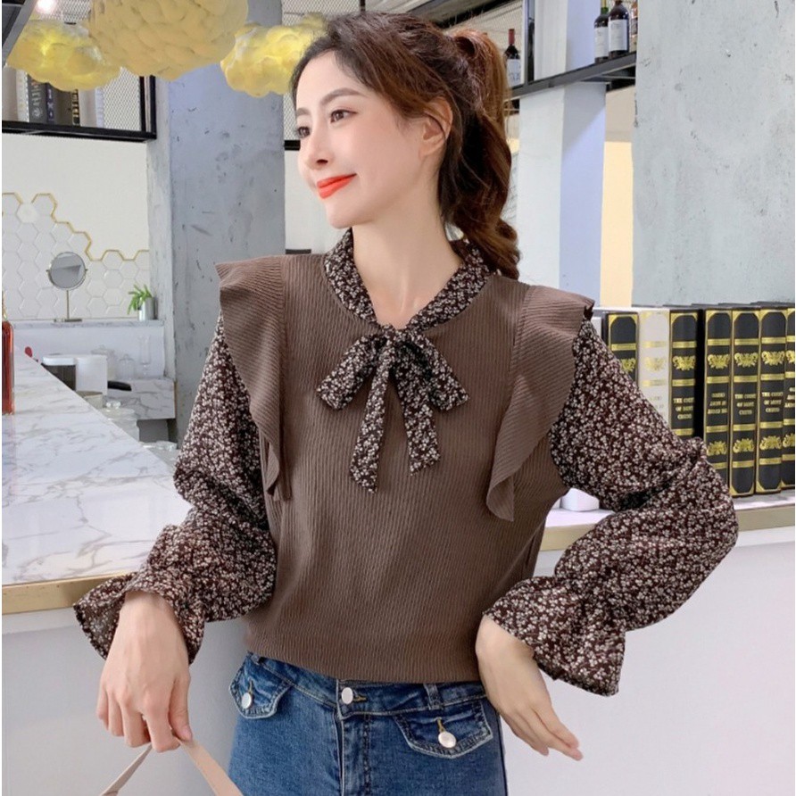 Tq88indonesia Fashion Blus Wanita Kombinasi Lengan Panjang Terbaru  /  Belvy Tie Neck Knit Top /  Ootd / Baju Santai Cewek / Baju Atasan Wanita Kekinian