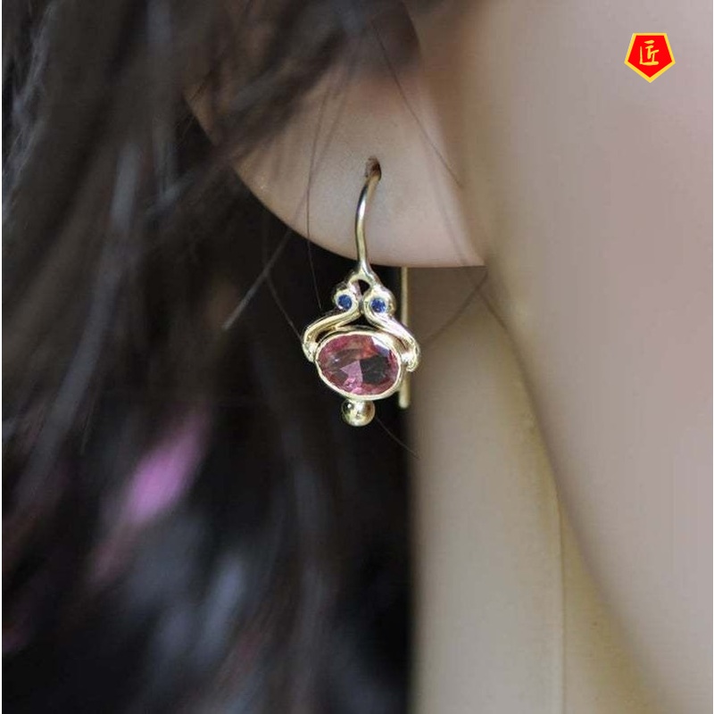 [Ready Stock]18K Gold Vintage Red Gemstone Earrings Luxury Elegant