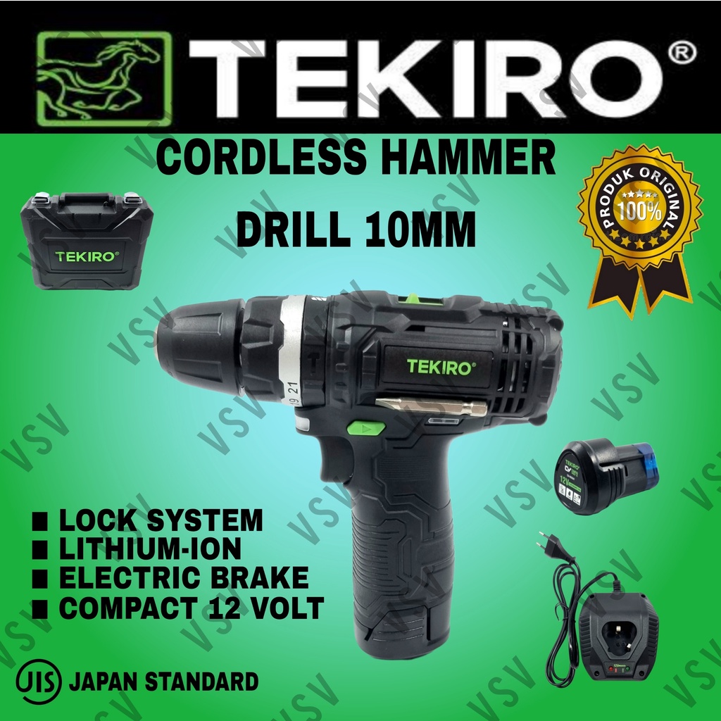 TEKIRO Cordless Hammer Drill 10mm Mesin Bor Baterai 12Volt impact Drill