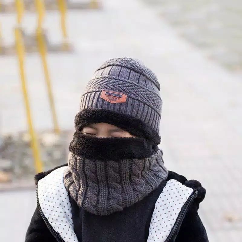 Topi set syal rajut bulu anak musim dinginWinter hat scarf kids