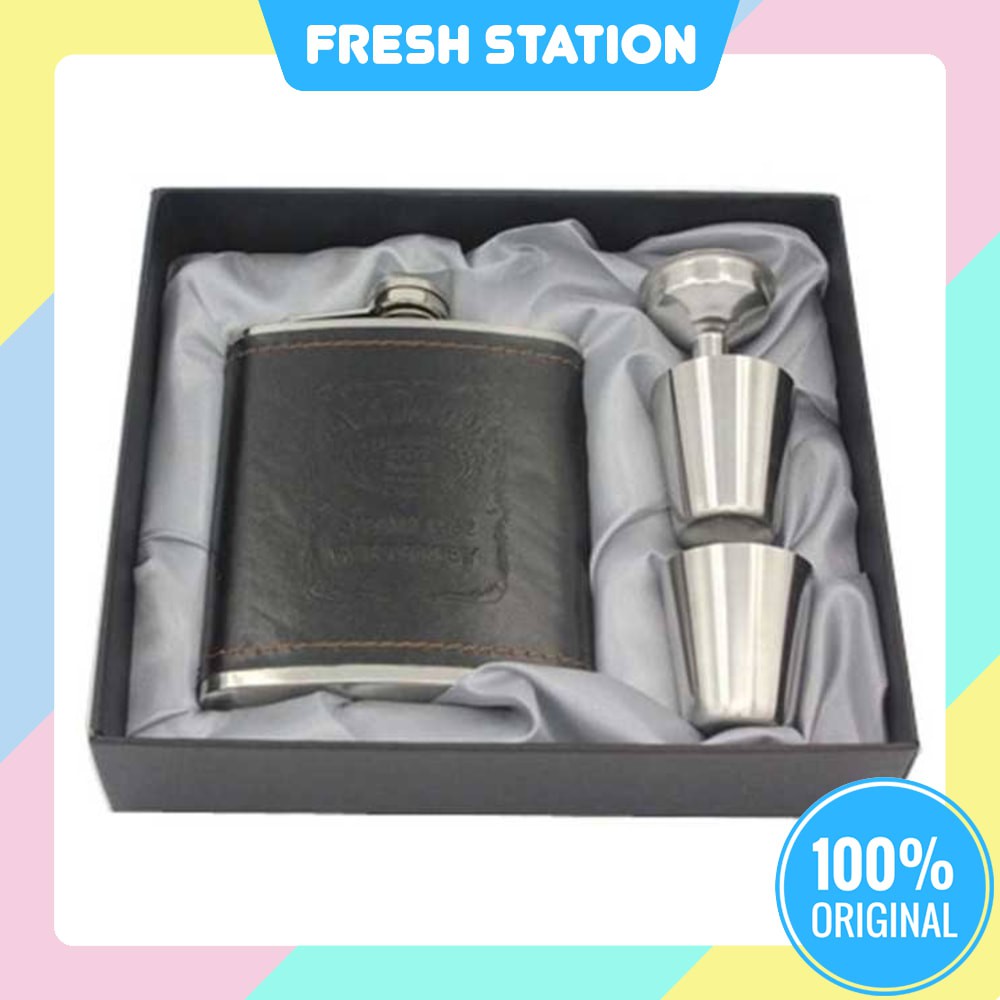 Botol Minum Gepeng Stainless Steel PU Leather Whiskey Hip Flask Dengan 2 Sloki