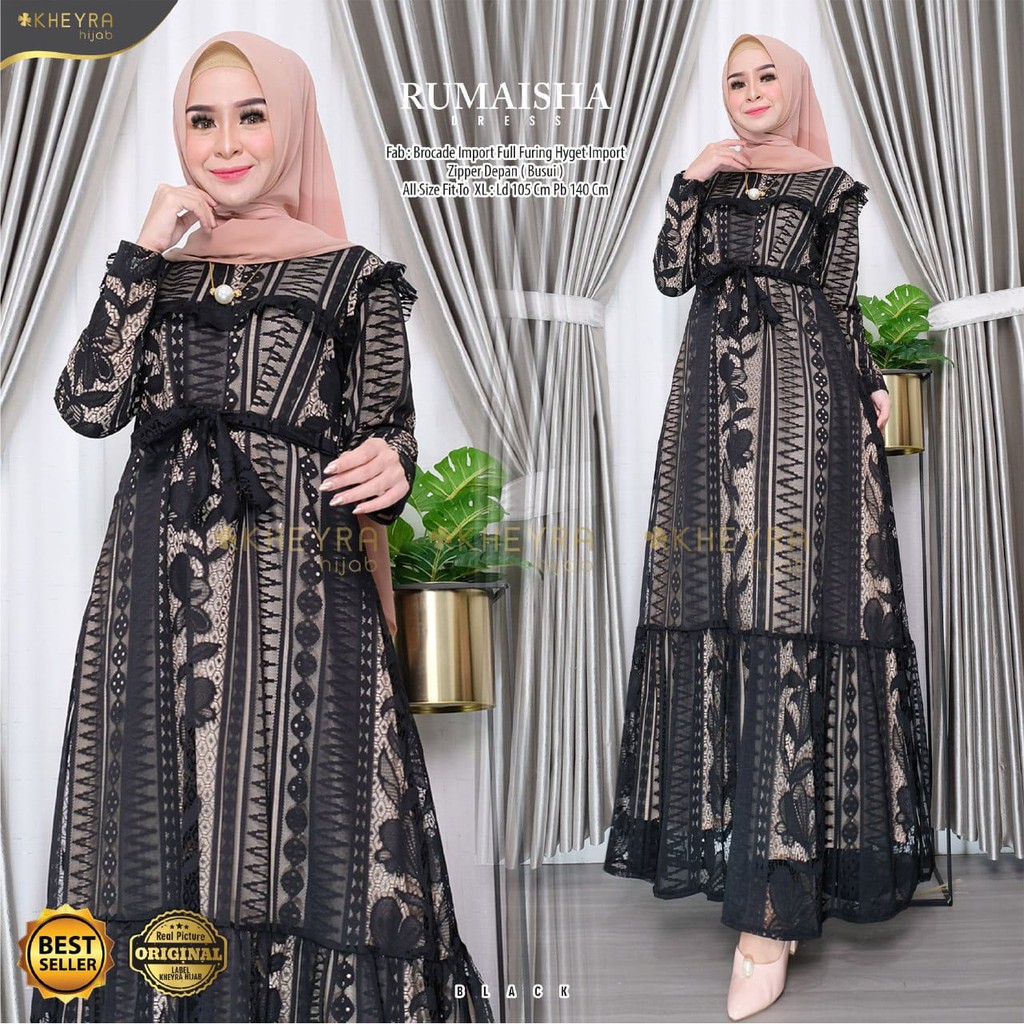 realpict RUMAISHA by KHEYRA berlabel brokat mix satin velvet muslim wanita long maxy dress gamis