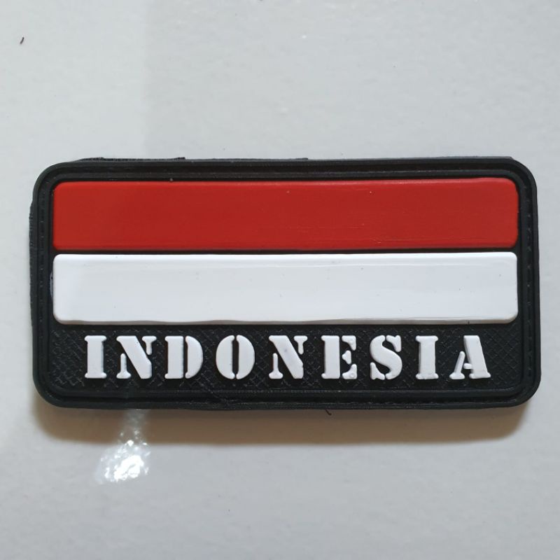 patch rubber logo bendera merah putih tulisan indonesia panjang / tempelan emblem karet velcro