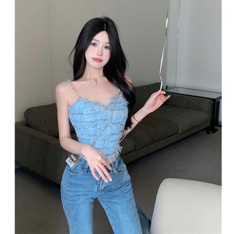 Rompi suspender rumbai biru wanita musim panas manis gadis panas di luar dengan rasa keinginan murni