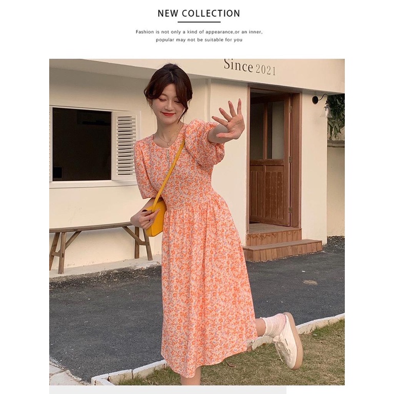 [littlecrab] Dress Bunga Oren Aesthetic Orange Flower Long Dress With Pearl Dress Panjang Model Tradisional Simple Elegan Berkualitas Korean Style Chinese Modern Dress Lengan Pendek Model Bunga Bunga Simple