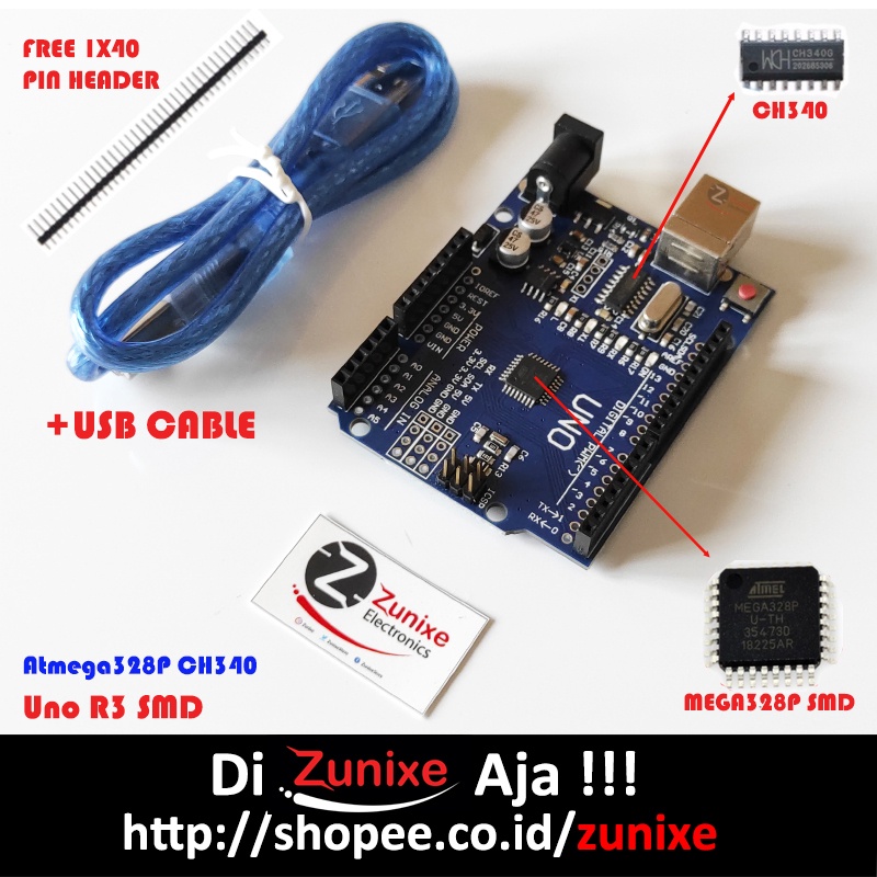 UNO R3 CH340 ATMEGA328P PLUS KABEL DAN PIN HEADER COMPATIBLE