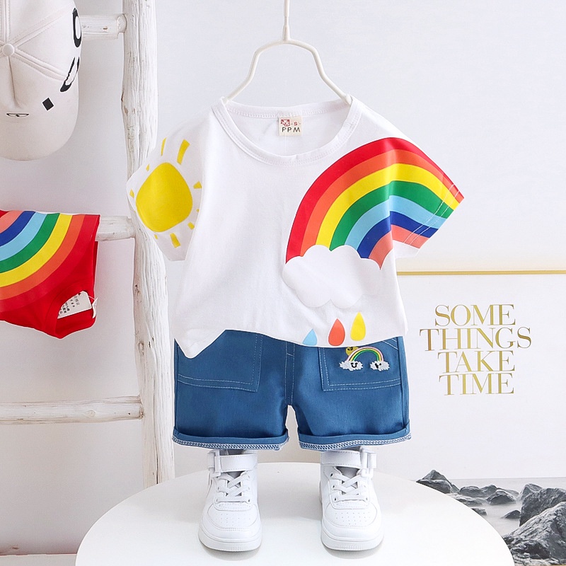 Setelan Baju 0-3 Tahun Anak Perempuan Kaos Celana Pelangi Rainbow