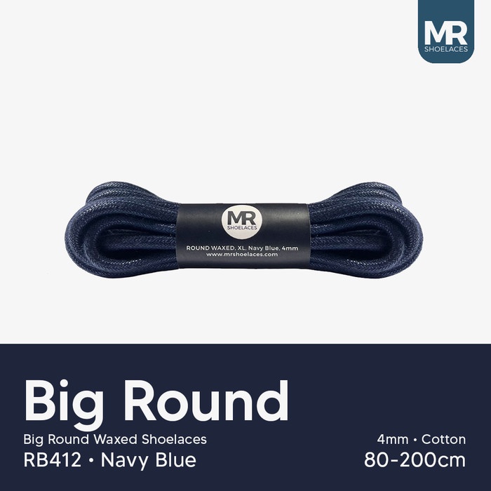 MR Shoelaces RB412 Navy Blue (Biru Laut) Tali Sepatu Lilin Katun Bulat Round 4mm 70cm 80cm 90cm 100cm 120cm 150cm 180cm 200cm untuk Boots - Premium Shoelace