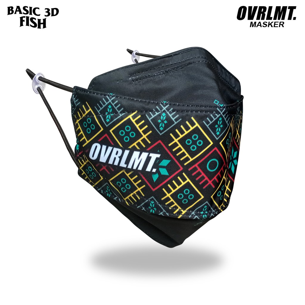 Masker OVERLIMIT BASIC 3D Motif Etnic Fish Pria Wanita Premium Dewasa 3 ply kain 3 lapis Motif Distro Model Adjustable Strap Mask Bahan