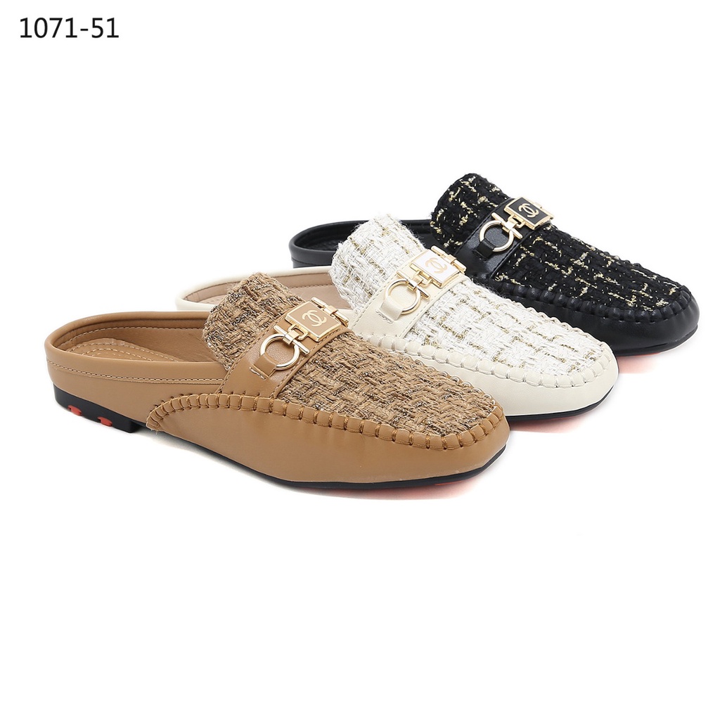 SEPATU WANITA BATAM IMPORT CHANEL TWEED FLAT MULES 1071-51 KWALITAS SEMI PREMIUM