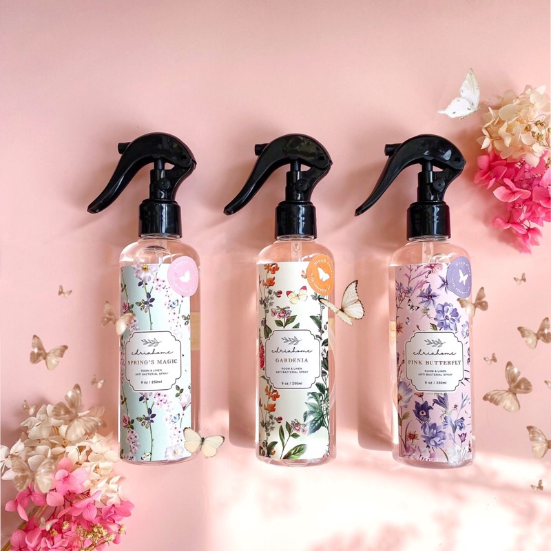 Edriahome Room and Linen Spray Butterfly Bundling 3pcs/ Spring in Provence Series/ Anti Bacterial/ Multipurpose Room and Pillow Spray / Fabric Spray / Bed Spray /  Pillow Spray /  Laundry Spray / Odor Eliminator / Pengharum Ruangan dan Kain