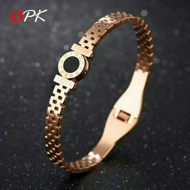 Gelang Titanium Stainless Lapis Emas Anti Karat Berkualitas model Bangle Romawi Bvlgari