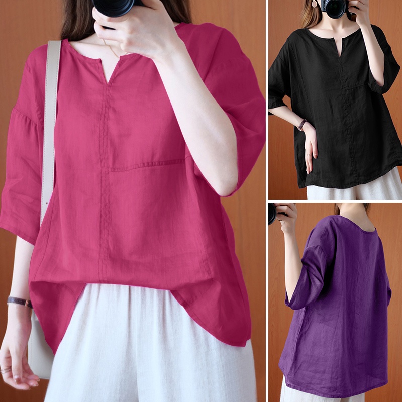 ZANZEA Women Casual Half Sleeve O-Neck Cotton Solid Color Loose Blouse