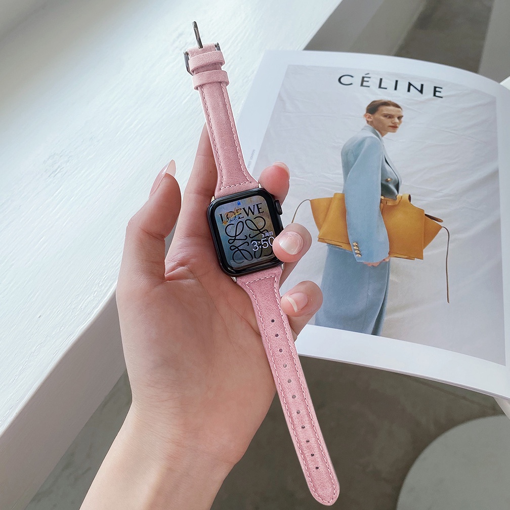 Tali Kulit Wanita Berlaku Untuk Apple Watch Gesper Stainless Steel Tali Kulit Asli 38/40/41mm, 42/44/45mm