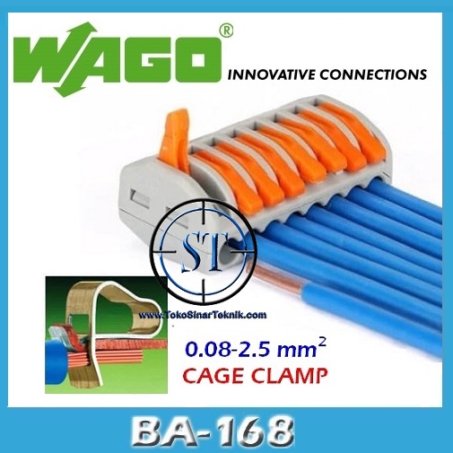 WAGO Connector 8 Wire Terminal Block Lever Cage Clamp 8 Level Sambungan Kabel Lubang  8 Jalur BA-168