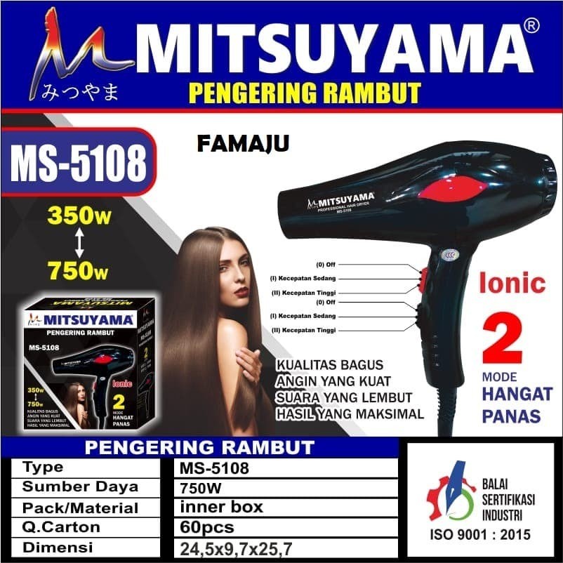 Hairdryer/Pengering Rambut Mitsuyama MS-5108 Dengan 3 Tingkatan Kepanasan Praktis dan Berkualitas