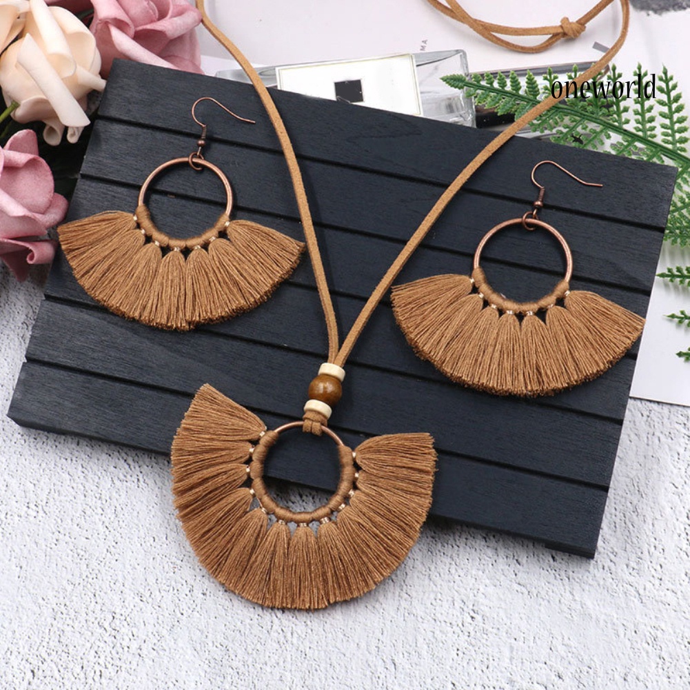 OW@ Bohemian Women Round Pendant Fringe Tassel Rope Necklace Earrings Jewelry Set