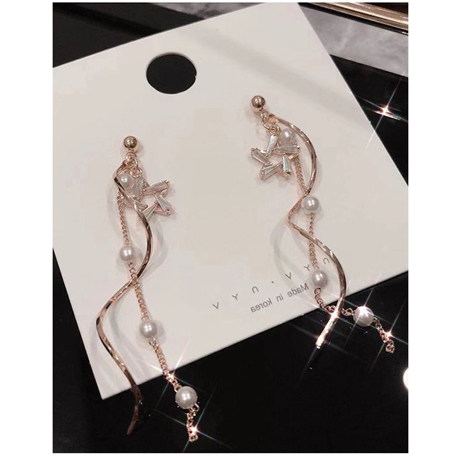 LRC Anting Tusuk Fashion Golden Five Star Tassel Pearl Earrings D89688