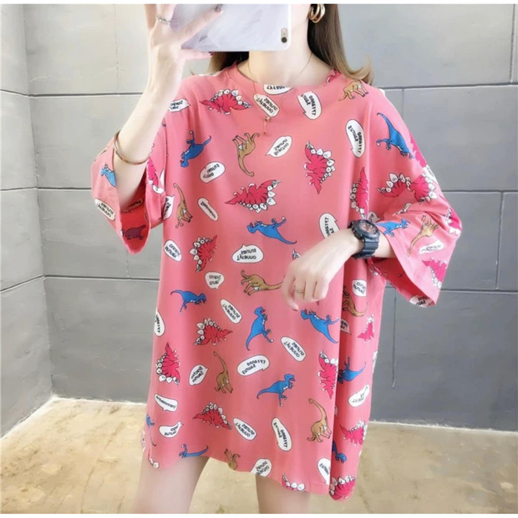 Oversize Tee Tshirt   Wanita Model Longgar Motif T-Rex Dinosaurus