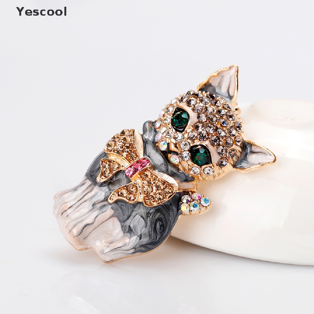 Yescool Bros Pin Enamel Desain Kartun Kucing Mata Hijau Hias Kristal Untuk Aksesoris Tashadiah