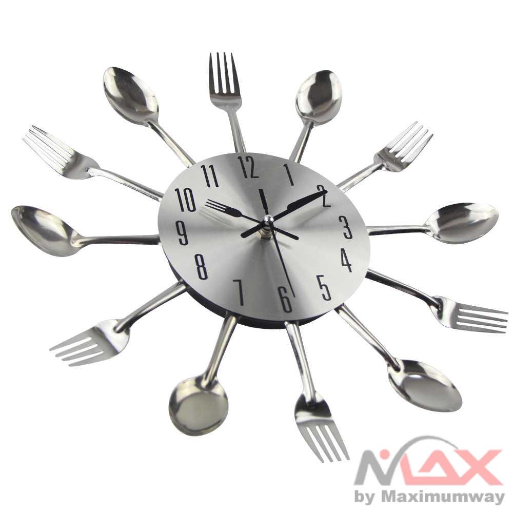 Jam Dinding 30cm tema Dapur sendok garpu asli dari metal untuk restoran cafe unik antik minimalis modern rumah makan 3D Creative Design Kuliner Sendok Garpu Stainless Steel Knife Fork Spoon Kitchen Restaurant Wall Clock Home Decoration Wall Clocks Tools