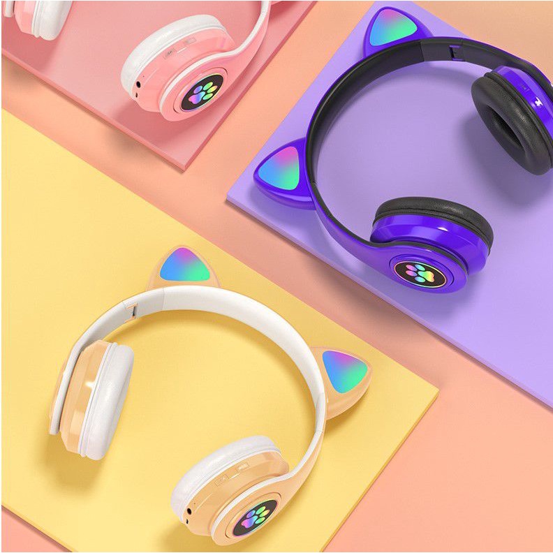 Headphone Gaming Bluetooth Bando Ear Cat LED kuping bendo Music play BT Wireless tanpa kabel