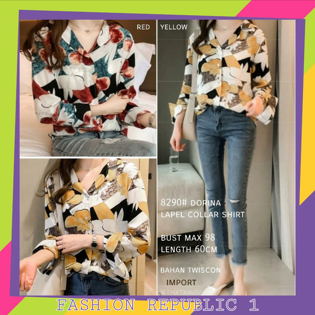 [IMPORT] 8290 DORINA LAPEL KEMEJA WANITA MOTIF BUNGA FLORAL KOREA / HEM WANITA LENGAN PANJANG IMPORT
