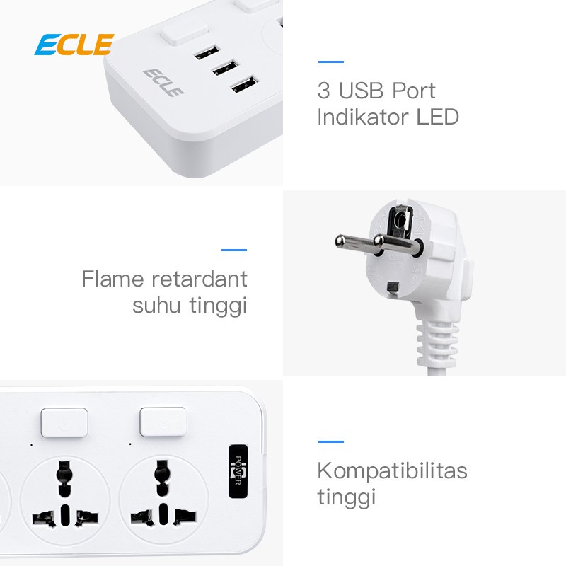 ECLE Stop Kontak Listrik Fast Charging - Power Strip Colokan Listrik Universal 110V - 250V dengan 3 USB Port 5V, 1A + Switch button dan Indikator LED - Panjang Kabel 2 Meter