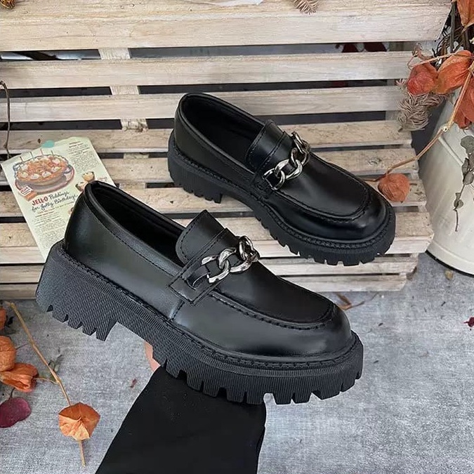 4.4 SEPATU LOAFER WANITA RANTAI SILVER BLACK DOFF AND GLOSY QUALITY PREMIUM DS 099