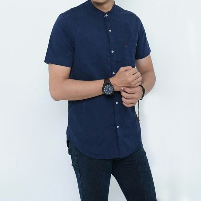 Kemeja Pendek sanghai navy polos kemeja kerah bulat casual