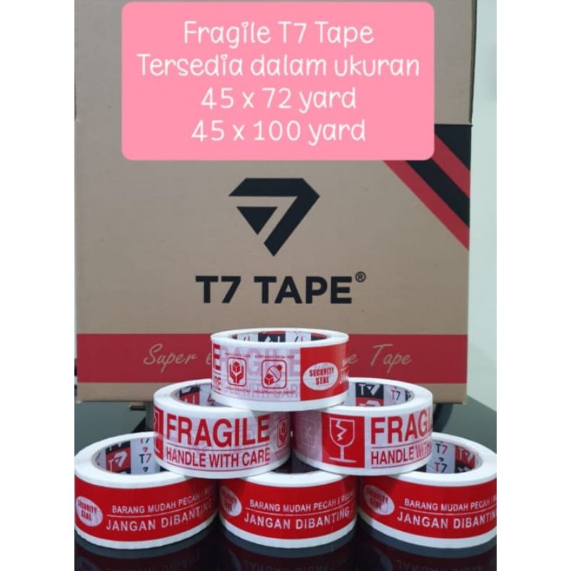 

Lakban Fragile merk T7 merah/putih 45x72 yard isi 72 pc