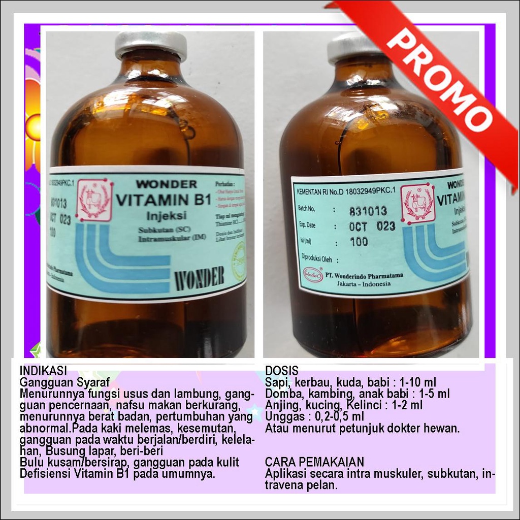 Obat Hewan VITAMIN B1 WONDER 100ml , Jual Obat Gangguan Syaraf Pada Hewan, Obat Gangguan Pernafasan 