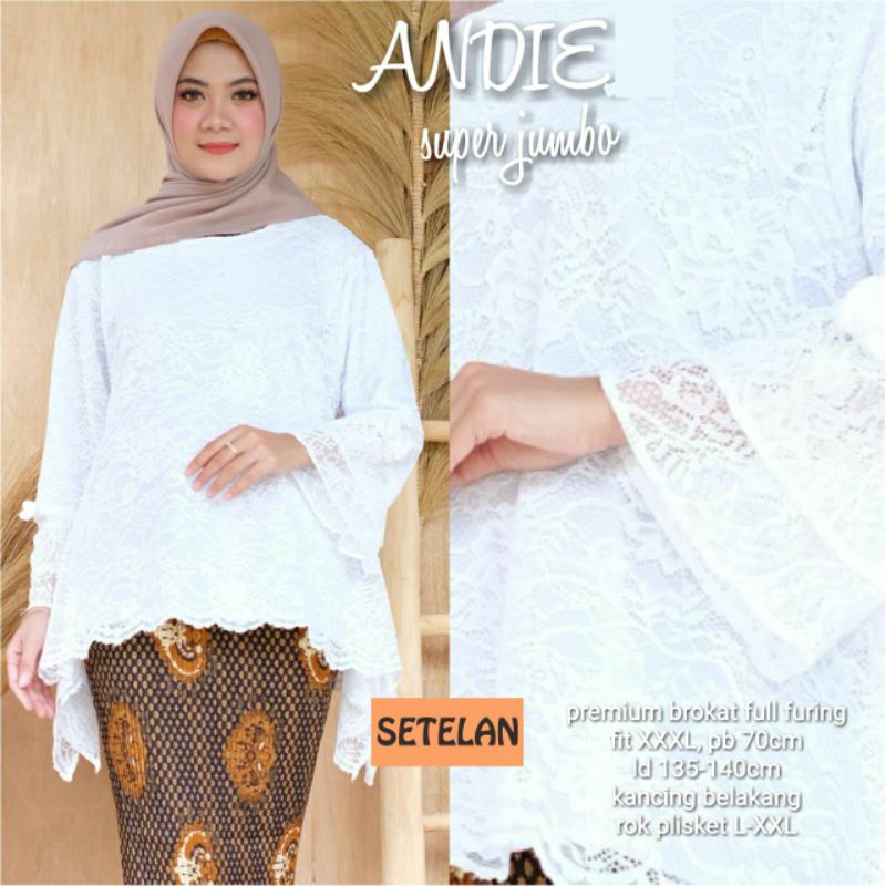 Andie Set Kebaya Brokat Modern Putih SUPER JUMBO LD 135-140 Full Furing Baju Brukat Pesta Kondangan