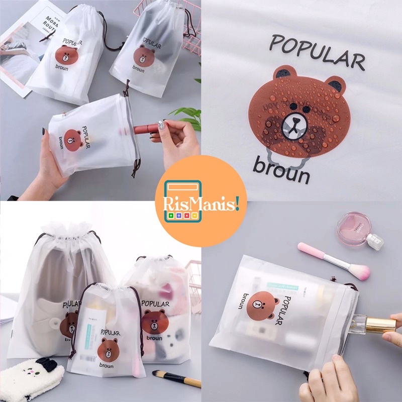 CUTE POUCH ORGANIZER - Tas Serut Travel Mini Serbaguna Anti Air Gambar Karakter Kartun Beruang Lucu