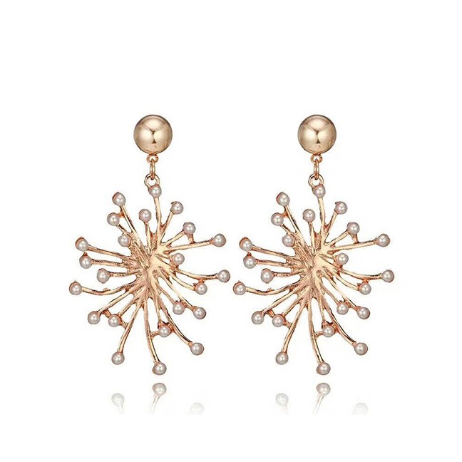 LRC Anting Tusuk Fashion Gold Color+white Metal Petal Pearl Earrings A57311