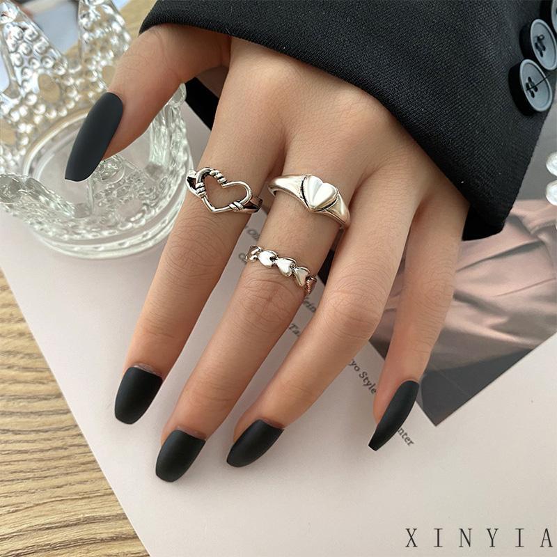 Xia.id 3PCS / Set Cincin Model Terbuka Bahan Metal Desain Hati Gaya Retro / Simple Kreatif Untuk Wanita