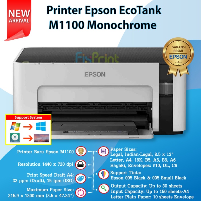 Printer Epson M1100 Monochrome Hitam Putih InkTank M-1100 Tinta 005 Original C13T0