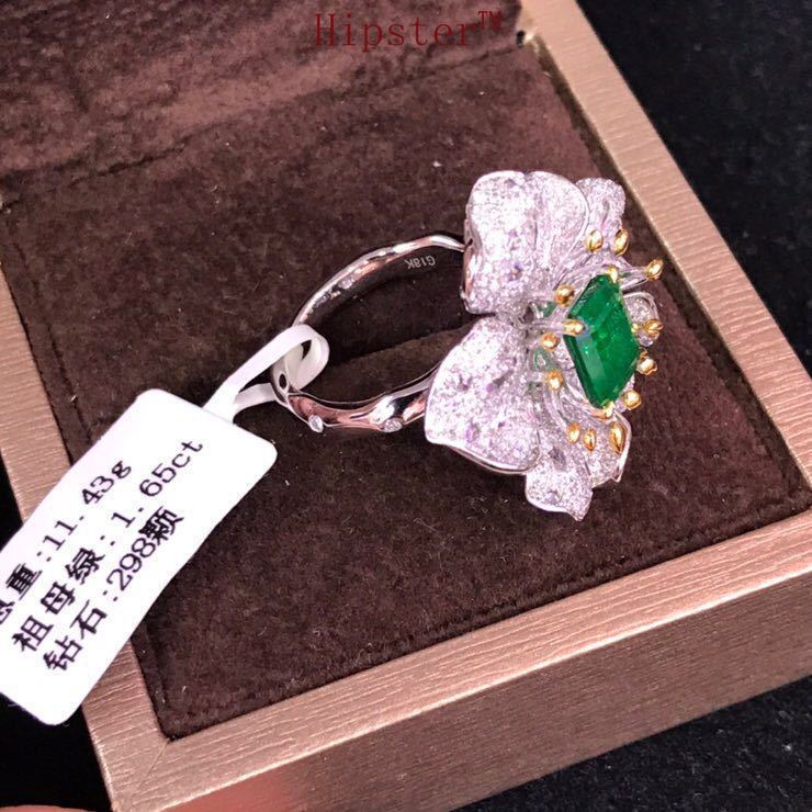 Advanced Custom Luxury Micro-Inlaid Diamond Natural Emerald Flower Adjustable Ring