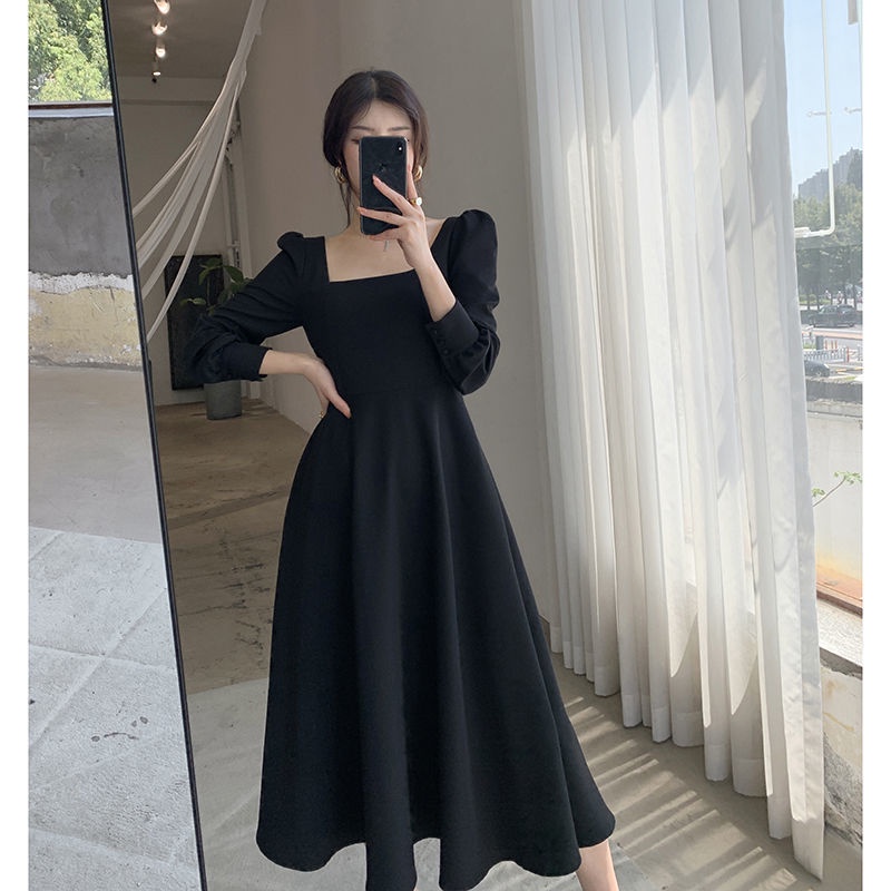 XIAOZHAINV Dress Wanita Korean Style Lengan Panjang Hitam H6673