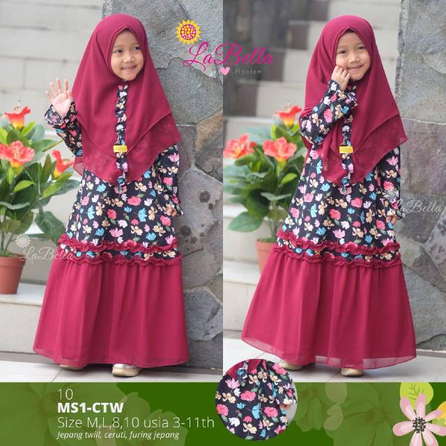 LABELLA Gamis Anak Ceruti Bunga warna Merah Marun
