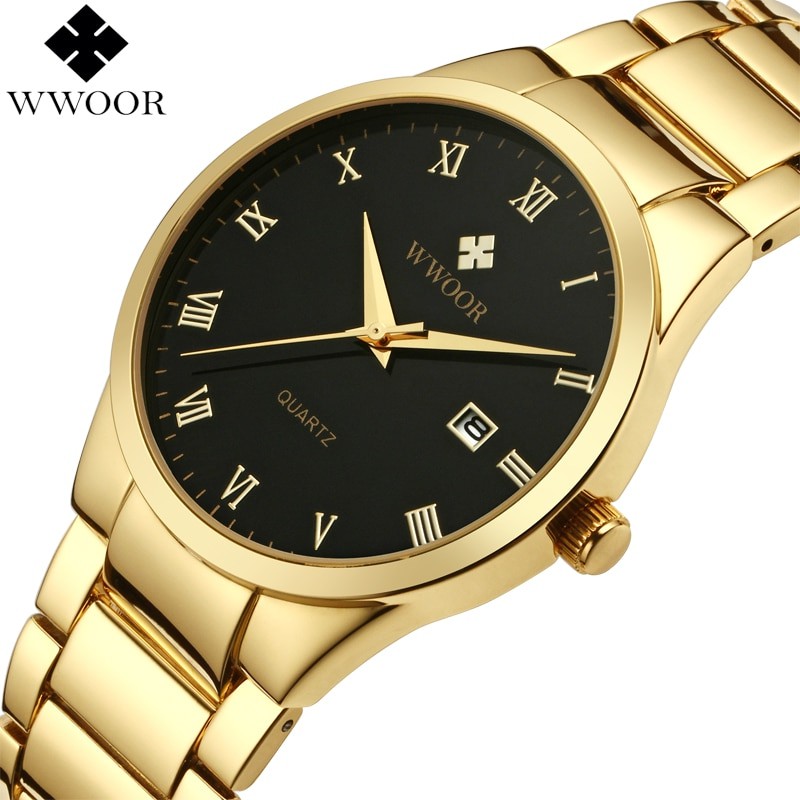 Jam Tangan Laki Rantai Wwoor 8830 Simple Dan Elegan Gold Black