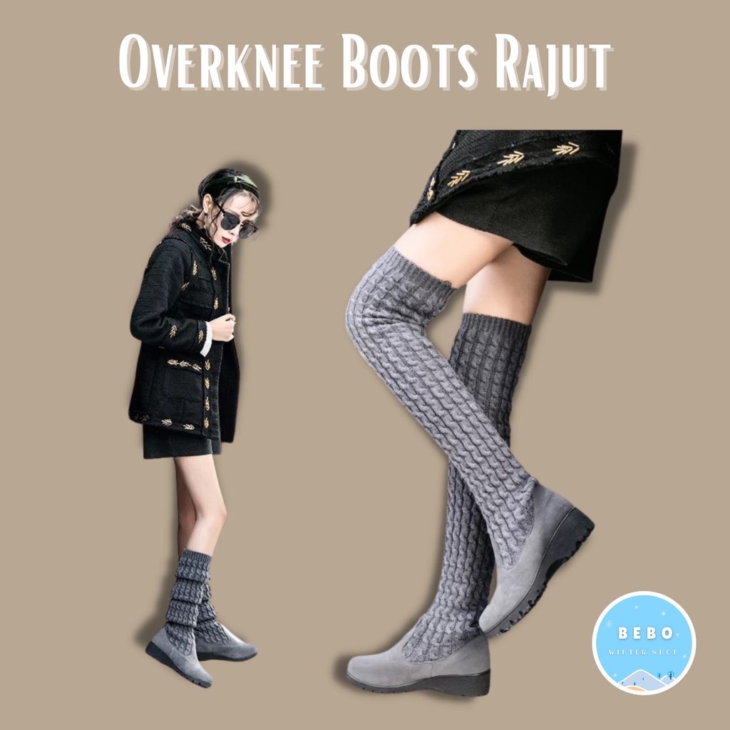 Sepatu boots wanita selutu bahan rajut Winter overknee Knit boots