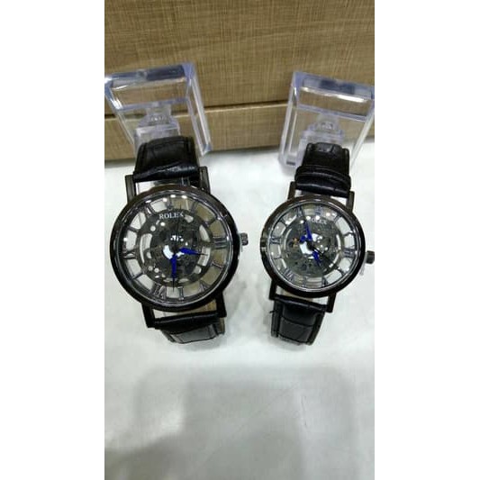 Sale Jam Tangan Couple Rolex Sceleton Kulit Hitam Berkualitas