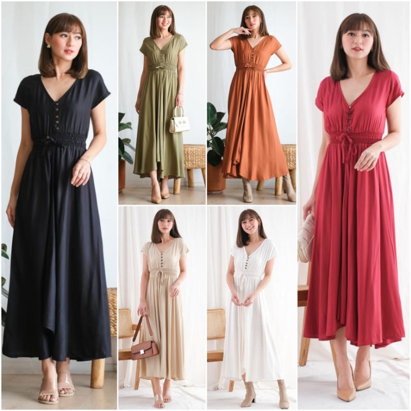 ⚡️CLEARANCE SALE ♡ PREMIUM ♡ ORIGINAL ! YULISA VINTAGE V-NECK BUTTON ASYMMETRIC RAMPLE MAXI DRESS ( BUSUI FRIENDLY )