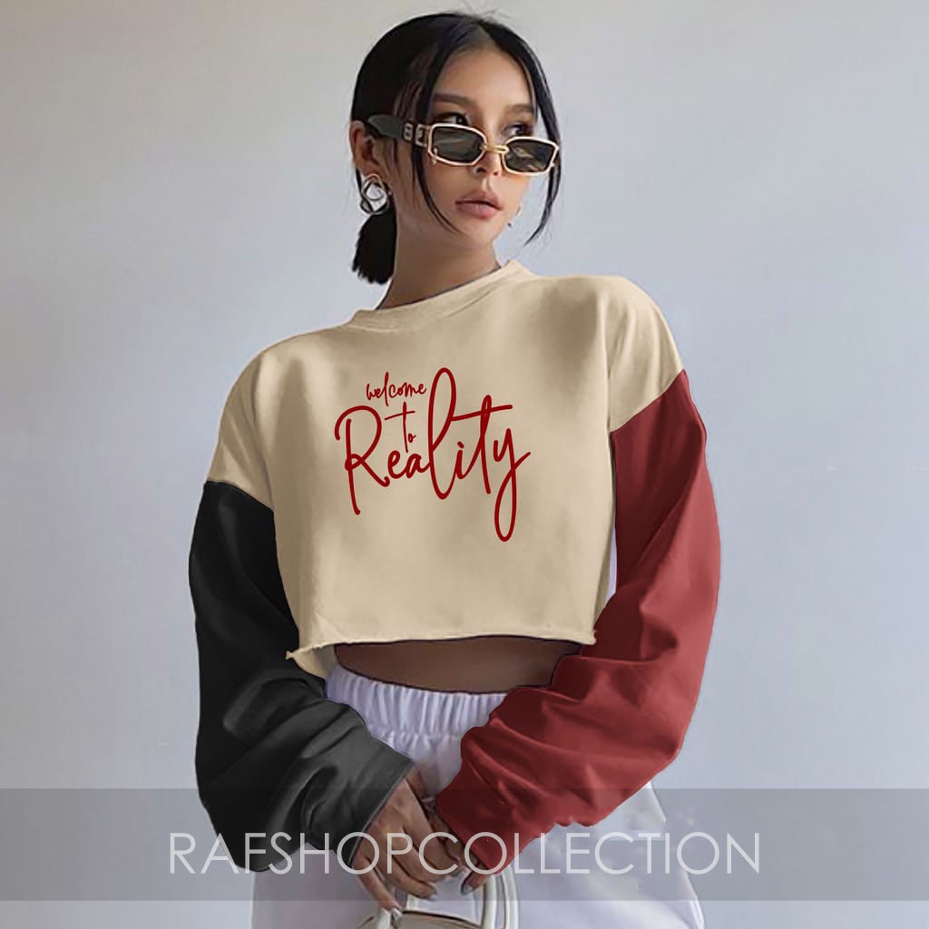 Crop Sweater Colourfull Welcome to reality/ BAJU WANITA-sweatercrop