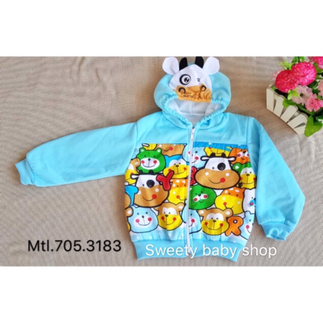 Jaket bayi topi telinga binatang full print 6-12m lucu murah / mantel bayi sapi jerapah kelinci