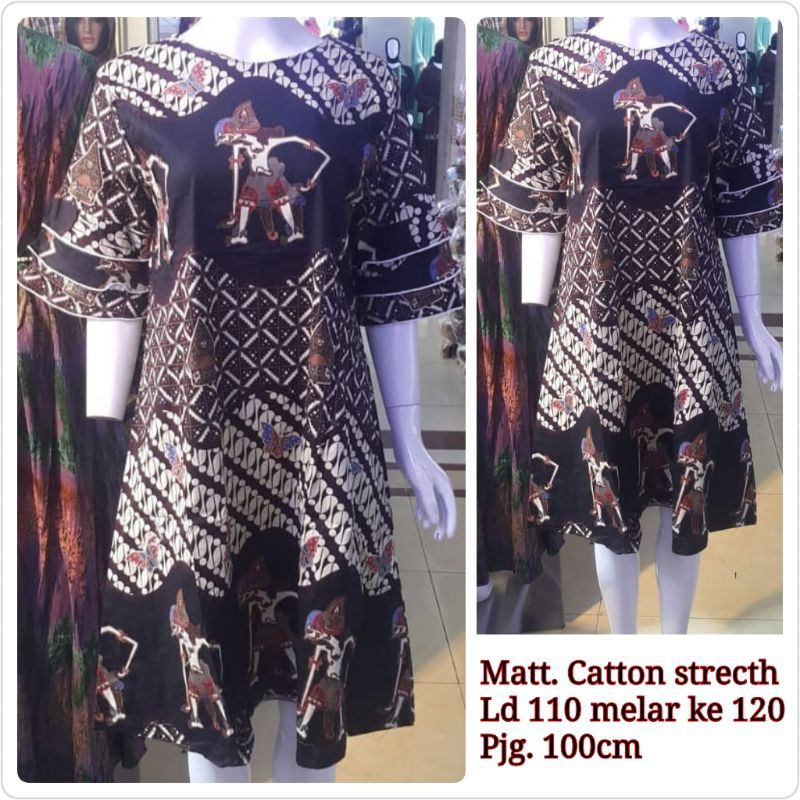 DRESS BATIK COTTON STRETCH/PAKAIAN WANITA MOTIF WAYANG/BAJU ATASAN TUNIK/BUSANA WANITA KANTORAN